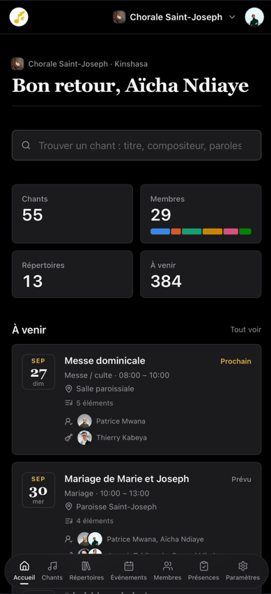 L'application, telle qu'une chorale la voit