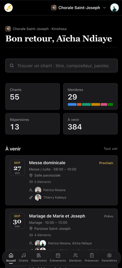 L'application, telle qu'une chorale la voit